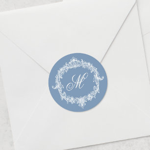 Elegant Vintage Blue Toile Monogram Wedding Classic Round Sticker