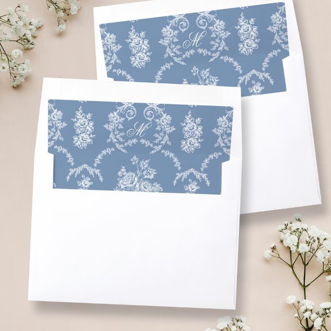Elegant Vintage Blue Toile Monogram Wedding Envelope Liner (Creator Uploaded)
