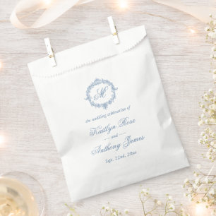 Elegant Vintage Blue Toile Monogram Wedding Favor Bag