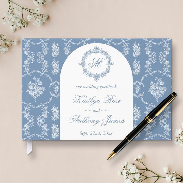Elegant Vintage Blue Toile Monogram Wedding Guest Book (Creator Uploaded)