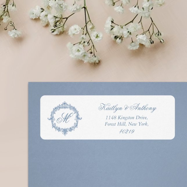 Elegant Vintage Blue Toile Monogram Wedding Label (Creator Uploaded)
