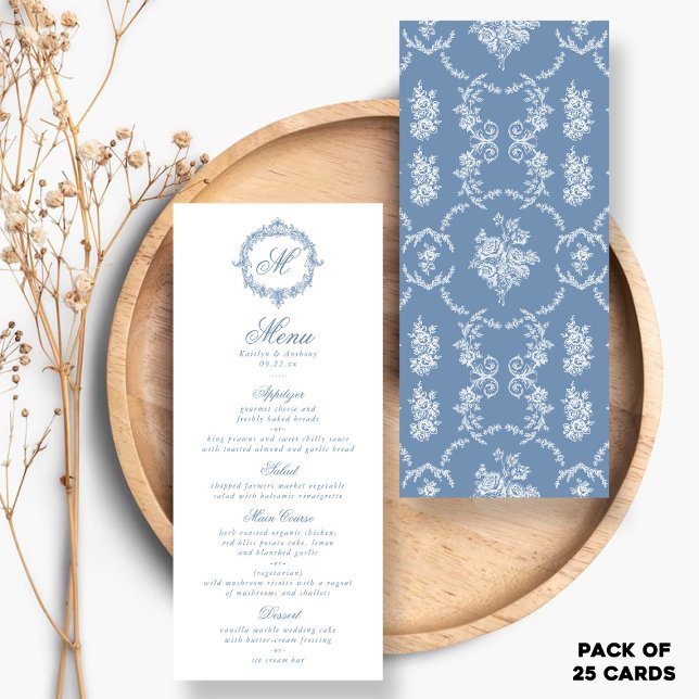 Elegant Vintage Blue Toile Monogram Wedding Menus (Creator Uploaded)