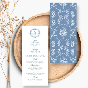 Elegant Vintage Blue Toile Monogram Wedding Menus