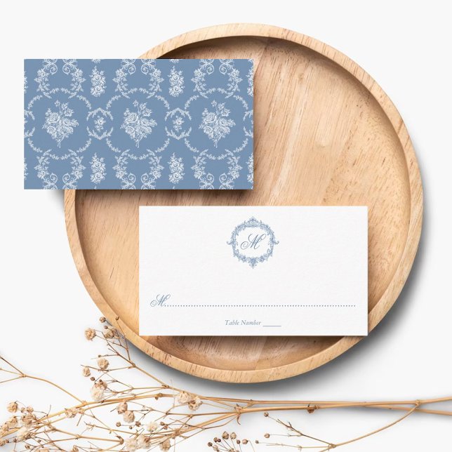 Elegant Vintage Blue Toile Monogram Wedding Place Card (Creator Uploaded)