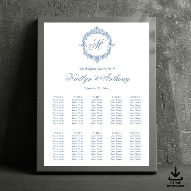 Elegant Vintage Blue Toile Monogram Wedding Poster (Creator Uploaded)