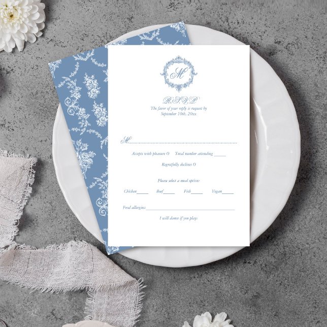 Elegant Vintage Blue Toile Monogram Wedding RSVP Card (Creator Uploaded)