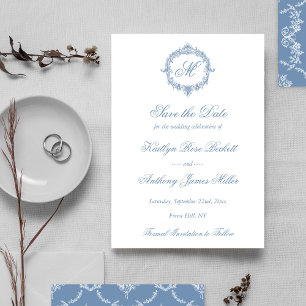Elegant Vintage Blue Toile Monogram Wedding Save The Date