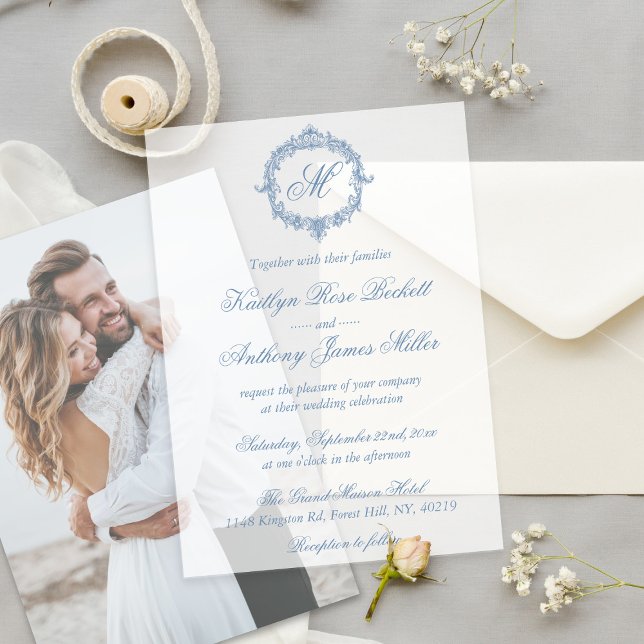 Elegant Vintage Blue Toile Monogram Wedding Vellum Invitations (Creator Uploaded)