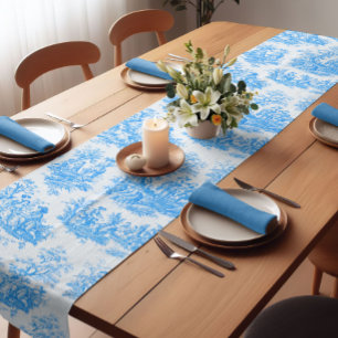 Elegant vintage blue turquoise toile de jouy short table runner