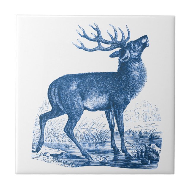 Elegant Vintage Blue White Deer Ceramic Tile (Front)