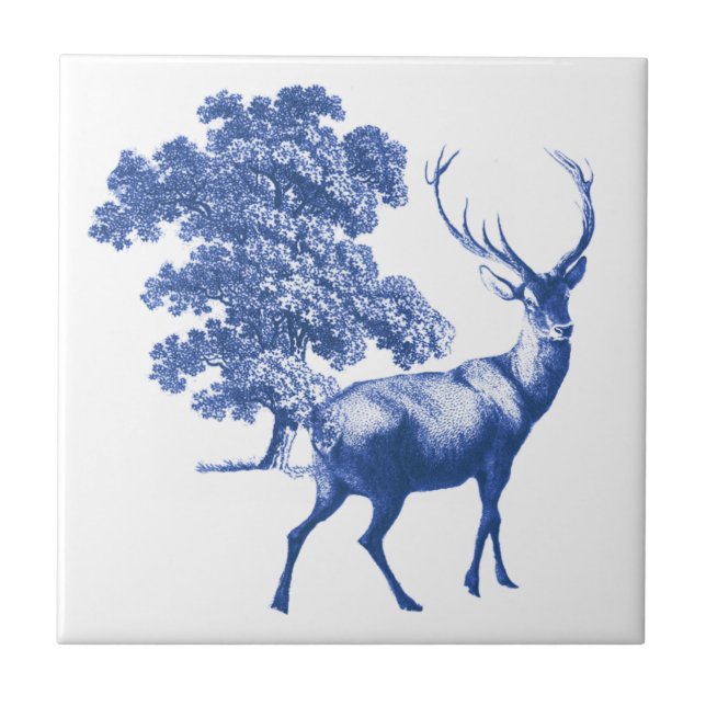 Elegant Vintage Blue White Deer  Ceramic Tile (Front)