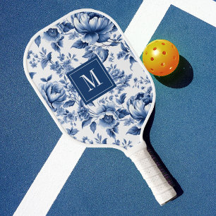 Elegant Vintage Blue White Floral Monogram Pickleball Paddle