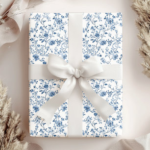 Elegant Vintage Blue White Floral Toile Botanical Wrapping Paper