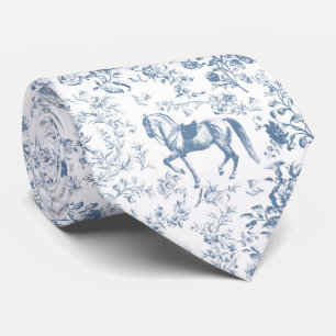 Elegant Vintage Blue White Horse Floral Pattern Neck Tie