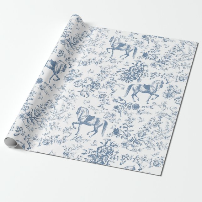 Elegant Vintage Blue White Horse Floral Pattern Wrapping Paper (Unrolled)