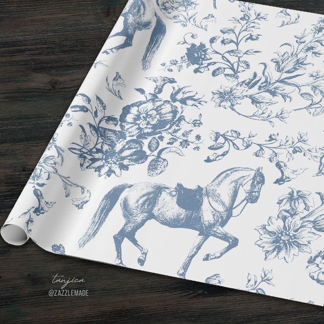 Elegant Vintage Blue White Horse Floral Pattern Wrapping Paper (Creator Uploaded)