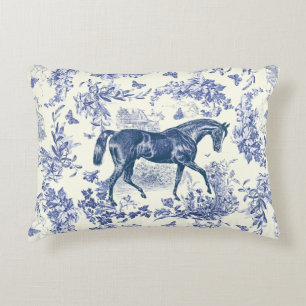 Elegant Vintage Blue White Horse Floral Toile Accent Pillow