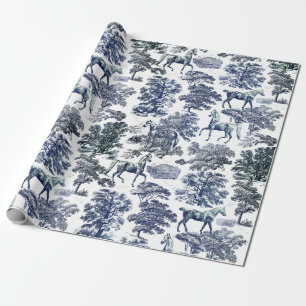 Elegant Vintage Blue White Horses in Woods Toile Wrapping Paper