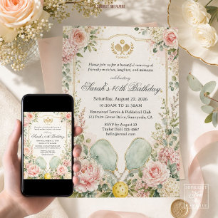 Elegant Vintage Blush Floral Pickleball Birthday Invitation