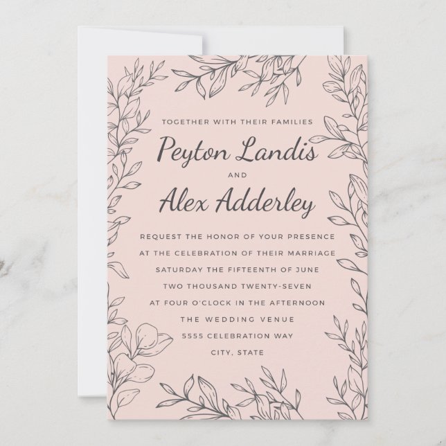 Elegant Vintage Blush Pink Botanical Wedding Invitation (Front)