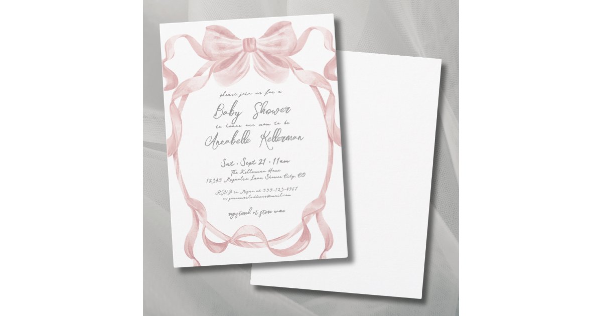 Elegant Vintage Blush Pink Bow Baby Shower Invitation | Zazzle