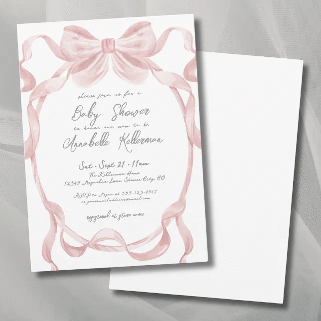 Elegant Vintage Blush Pink Bow Baby Shower Invitation | Zazzle
