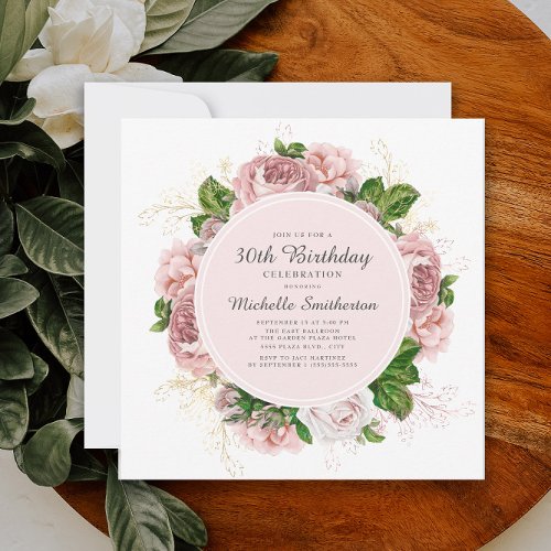 Elegant Vintage Blush Pink Floral 30th Birthday Invitation