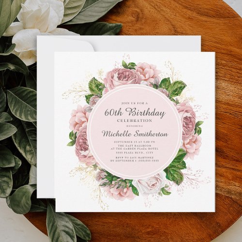 Elegant Vintage Blush Pink Floral 60th Birthday Invitation