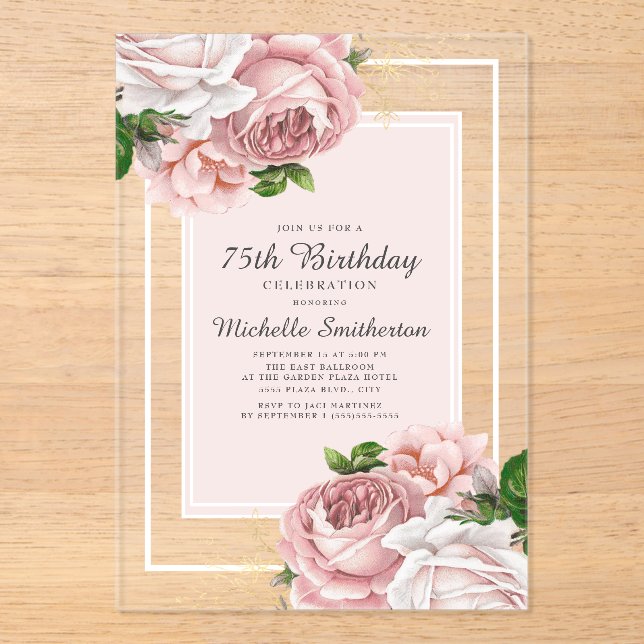 Elegant Vintage Blush Pink Floral 75th Birthday Acrylic Invitations (Front)