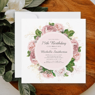 Elegant Vintage Blush Pink Floral 75th Birthday Invitation