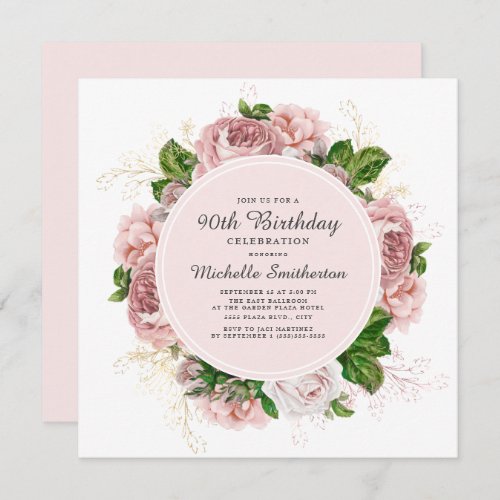 Elegant Vintage Blush Pink Floral 90th Birthday Invitation