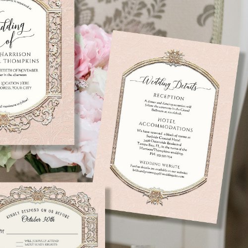 Elegant Vintage Blush Pink n Gold Wedding Details Invitation