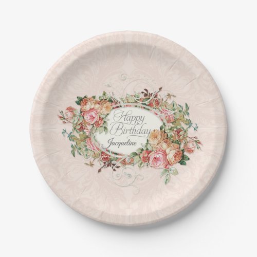 Elegant Vintage Blush Rose Floral Bouquet Damask Paper Plates