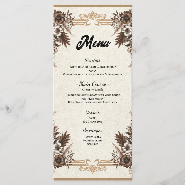 Elegant Vintage Bohemian Floral Wedding Menu (Front)
