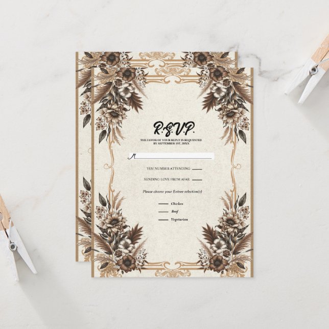 Elegant Vintage Bohemian Floral Wedding RSVP Invitation (Front/Back In Situ)