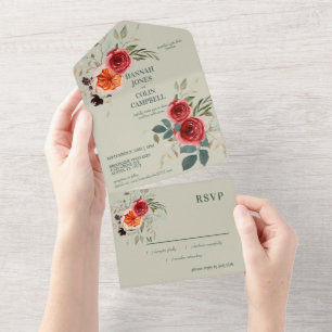 Elegant Vintage Boho Red Orange Grey All In One Invitation