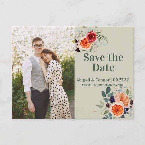 Elegant Vintage Boho Red Orange Grey Save the Date Announcement Postcard