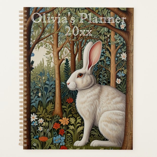 Elegant vintage boho white woodland rabbit planner (Front)