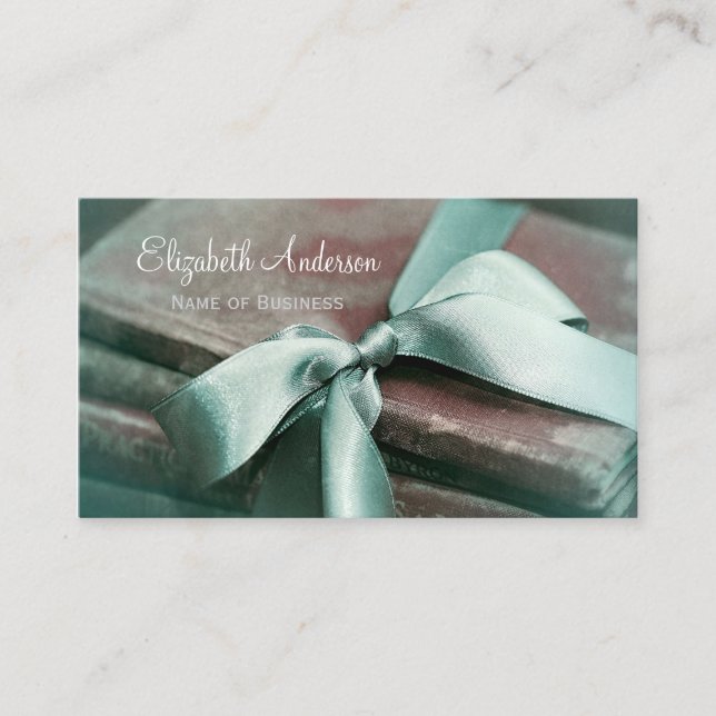 Elegant Vintage Books With Mint Green Ribbon Business Card (Front)
