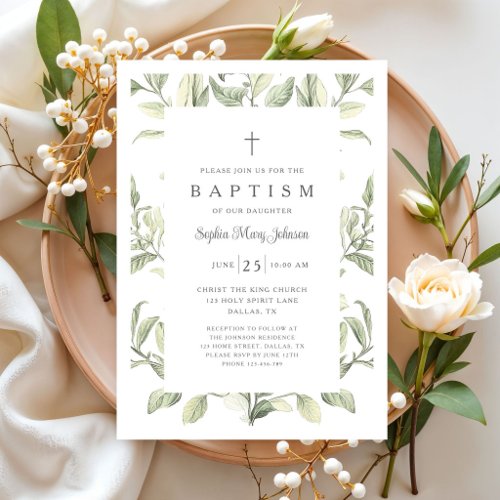 Elegant Vintage Botanical Baby Girl Baptism Invitation