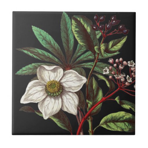 Elegant Vintage Botanical Christmas Rose Flower Ceramic Tile