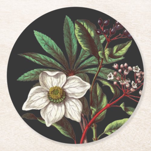 Elegant Vintage Botanical Christmas Rose Flower Round Paper Coaster