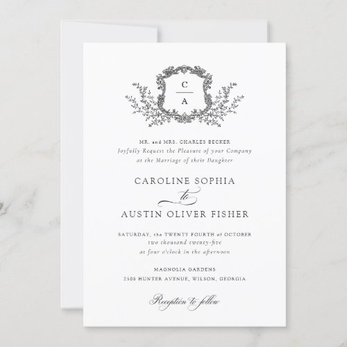 Elegant Vintage Botanical Crest Monogram Wedding  Invitation