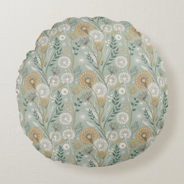 Elegant Vintage Botanical Dandelion Round Pillow (Front)