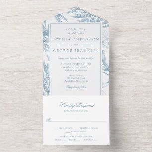 Elegant Vintage Botanical Dusty Blue All In One Invitation