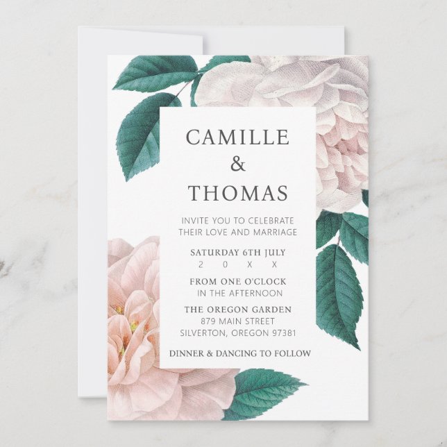 Elegant Vintage Botanical Pink Peony Floral  Invitation (Front)