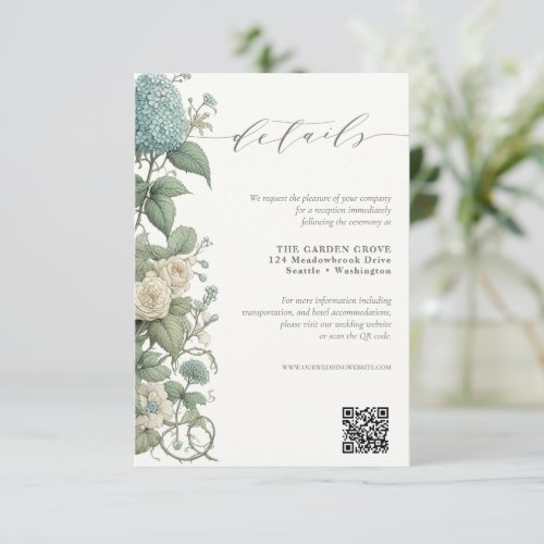 Elegant Vintage Botanical Wedding Details QR code Enclosure Card