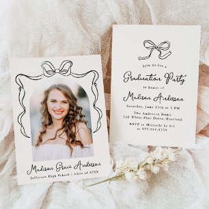 Elegant Vintage Bow Cream Photo Graduation Party Invitation