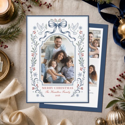 Elegant Vintage Bow Family Christmas Photo Holiday Card