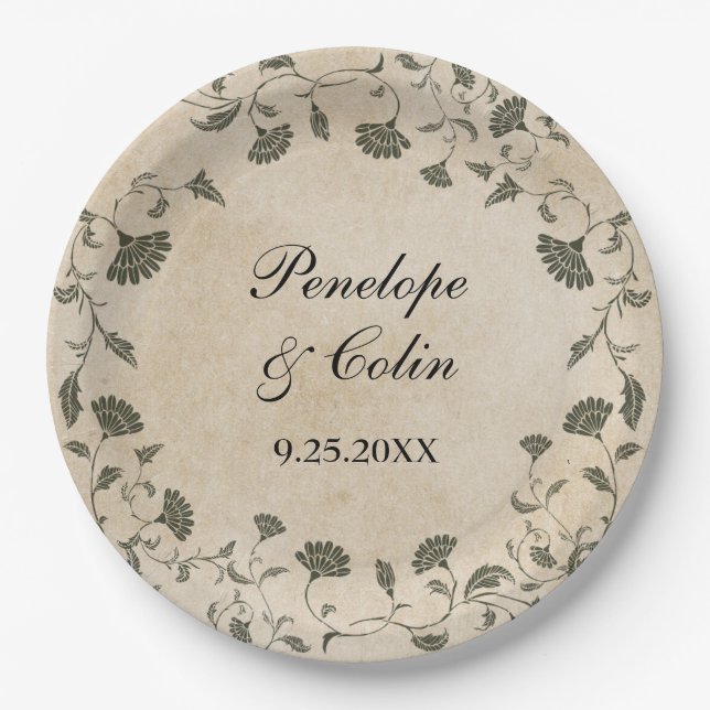 Elegant Vintage Bride Groom Names Wedding Paper Plates (Front)
